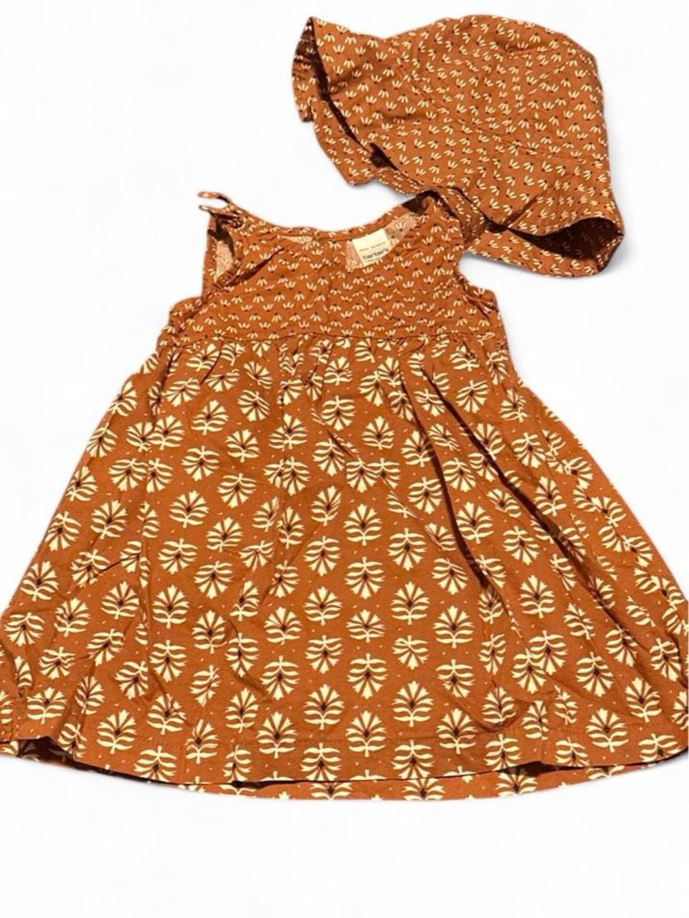 Girls Rust Floral Print Sundress Size 9 months with Matching Bonnet